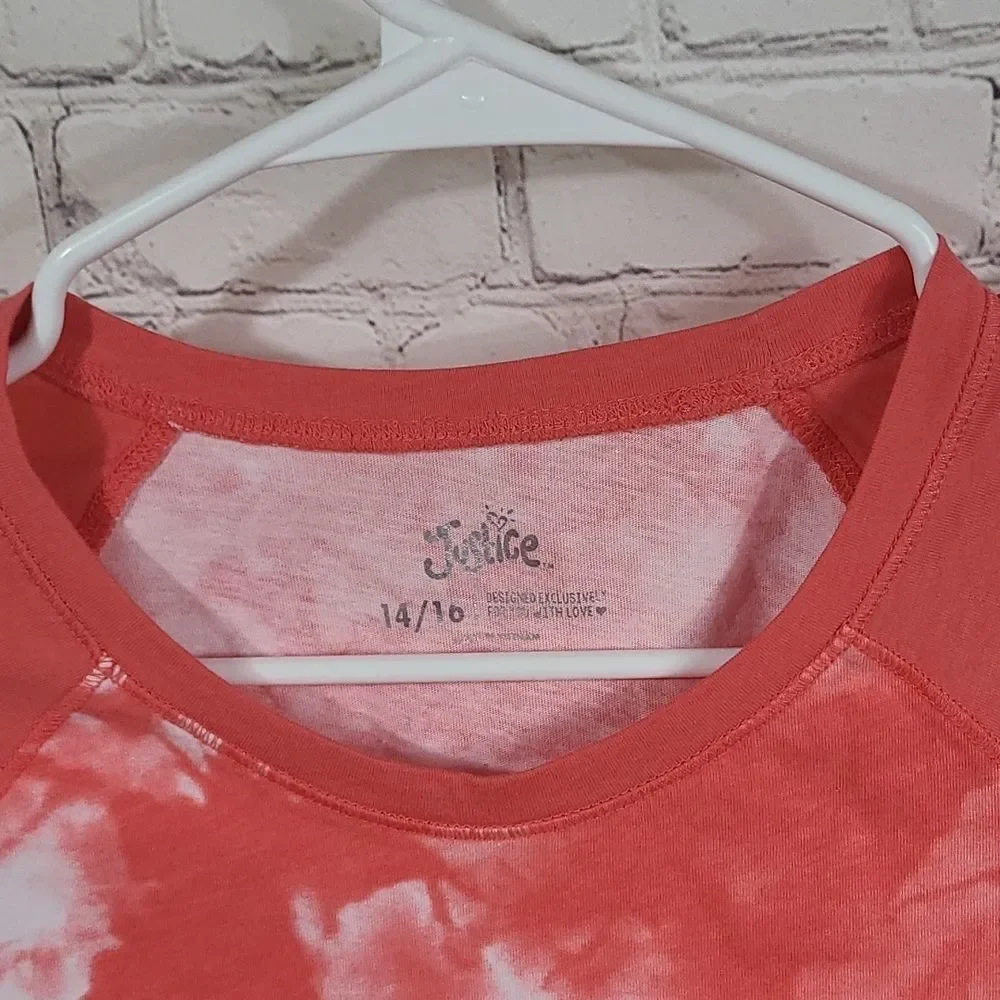 Justice Girls 14/16 Orange Tie Dye Sporty Raglan Long Sleeve Tee Knit Top Tshirt